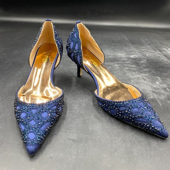 XYD Navy Pointed Toe D'Orsay Kitten Low Heels Rhinestone Shoes - Picture 4 of 8